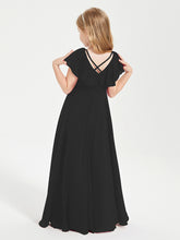 Delicate Chiffon Junior Bridesmaid Gown Flutter Sleeves V-neck Black