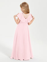 Delicate Chiffon Junior Bridesmaid Gown Flutter Sleeves V-neck Blushing Pink