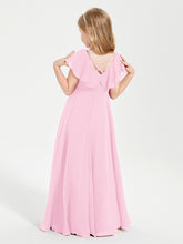 Delicate Chiffon Junior Bridesmaid Gown Flutter Sleeves V-neck Candy Pink