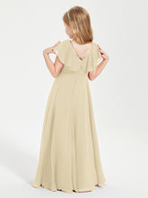 Delicate Chiffon Junior Bridesmaid Gown Flutter Sleeves V-neck Champagne