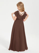 Delicate Chiffon Junior Bridesmaid Gown Flutter Sleeves V-neck Chocolate