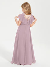 Delicate Chiffon Junior Bridesmaid Gown Flutter Sleeves V-neck Dusk