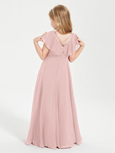 Delicate Chiffon Junior Bridesmaid Gown Flutter Sleeves V-neck Dusty Rose