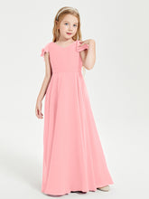 Delicate Chiffon Junior Bridesmaid Gown Flutter Sleeves V-neck Flamingo