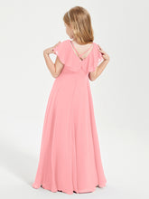 Delicate Chiffon Junior Bridesmaid Gown Flutter Sleeves V-neck Flamingo