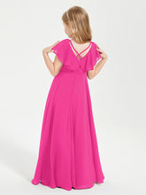 Delicate Chiffon Junior Bridesmaid Gown Flutter Sleeves V-neck Fuchsia