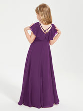 Delicate Chiffon Junior Bridesmaid Gown Flutter Sleeves V-neck Grape