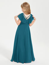 Delicate Chiffon Junior Bridesmaid Gown Flutter Sleeves V-neck Ink Blue