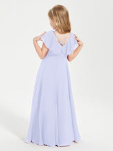 Delicate Chiffon Junior Bridesmaid Gown Flutter Sleeves V-neck Lavender