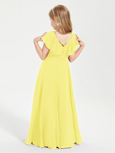 Delicate Chiffon Junior Bridesmaid Gown Flutter Sleeves V-neck Lemon
