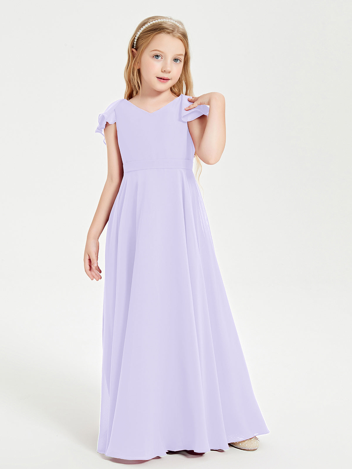 BABARONI Delicate Chiffon Junior Bridesmaid Gown Flutter Sleeves V-Neck Lilac, Lilac / J4