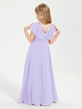 Delicate Chiffon Junior Bridesmaid Gown Flutter Sleeves V-neck Lilac