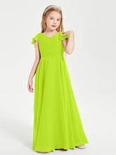 Delicate Chiffon Junior Bridesmaid Gown Flutter Sleeves V-neck Lime Green