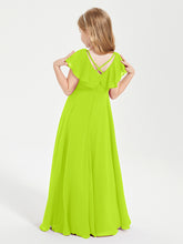 Delicate Chiffon Junior Bridesmaid Gown Flutter Sleeves V-neck Lime Green