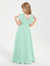 Delicate Chiffon Junior Bridesmaid Gown Flutter Sleeves V-neck Mint Green