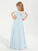 Delicate Chiffon Junior Bridesmaid Gown Flutter Sleeves V-neck Mist