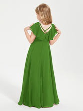 Delicate Chiffon Junior Bridesmaid Gown Flutter Sleeves V-neck Moss