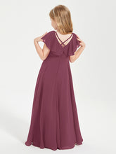 Delicate Chiffon Junior Bridesmaid Gown Flutter Sleeves V-neck Mulberry
