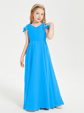 Delicate Chiffon Junior Bridesmaid Gown Flutter Sleeves V-neck Ocean Blue