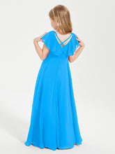 Delicate Chiffon Junior Bridesmaid Gown Flutter Sleeves V-neck Ocean Blue
