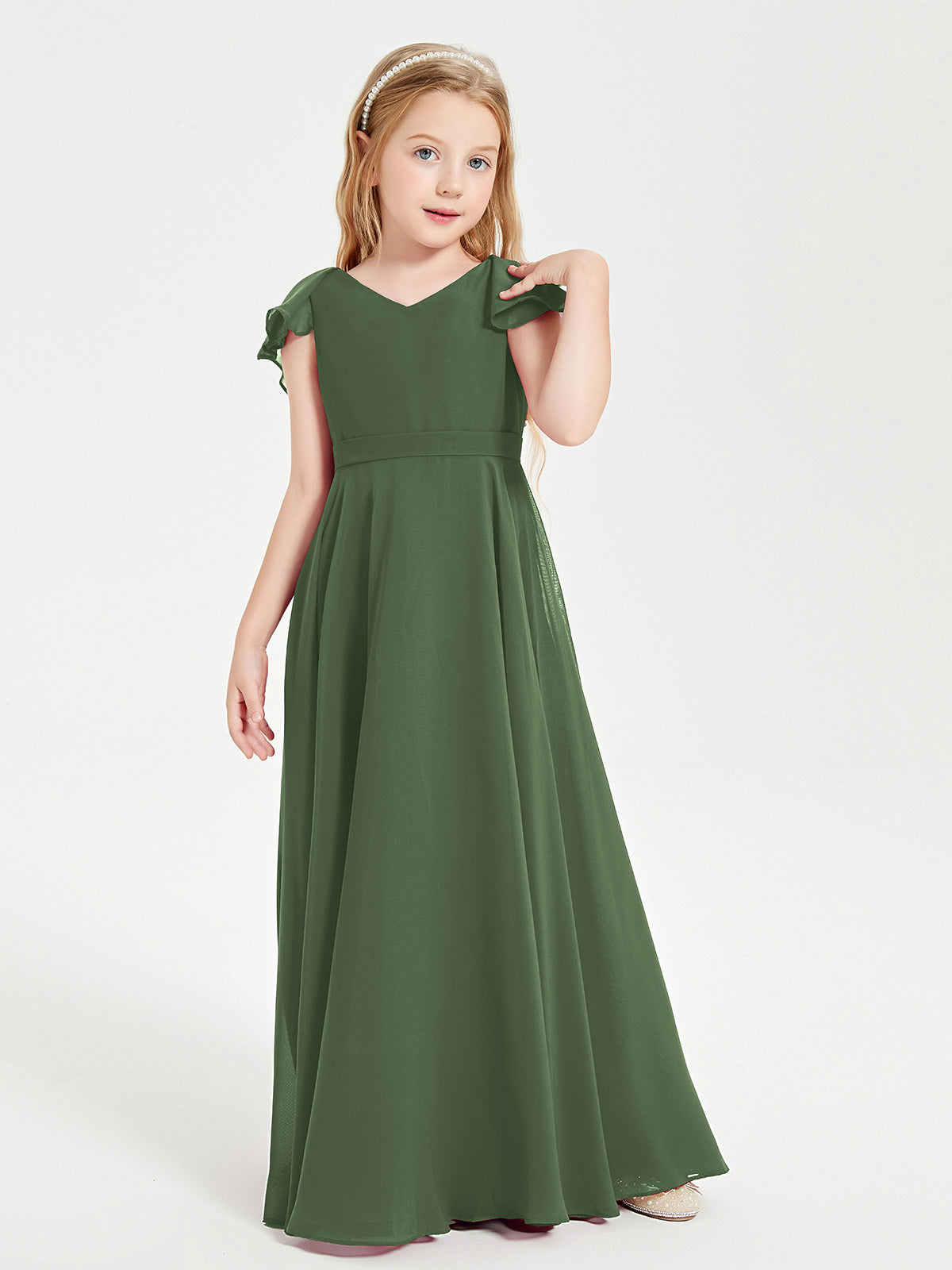 BABARONI Delicate Chiffon Junior Bridesmaid Gown Flutter Sleeves V-Neck Olive Green, Olive Green / J4 BABARONI Delicate Chiffon Junior Bridesmaid Gown Flutter Sleeves V-Neck Olive Green, Olive Green / J4
