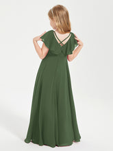 Delicate Chiffon Junior Bridesmaid Gown Flutter Sleeves V-neck Olive Green