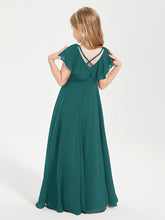 Delicate Chiffon Junior Bridesmaid Gown Flutter Sleeves V-neck Peacock