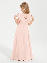 Delicate Chiffon Junior Bridesmaid Gown Flutter Sleeves V-neck Pearl Pink