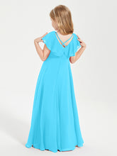 Delicate Chiffon Junior Bridesmaid Gown Flutter Sleeves V-neck Pool