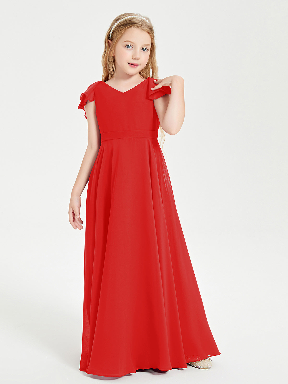 childrens bridesmaid dresses red BABARONI Chiffon Junior A-line V-neck Flutter Sleeve Ruffles Floor-length, Red / J4 formal red dress for kids
