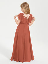 Delicate Chiffon Junior Bridesmaid Gown Flutter Sleeves V-neck Rust