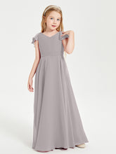Delicate Chiffon Junior Bridesmaid Gown Flutter Sleeves V-neck Silver