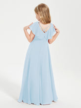 Delicate Chiffon Junior Bridesmaid Gown Flutter Sleeves V-neck Sky Blue