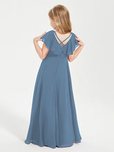 Delicate Chiffon Junior Bridesmaid Gown Flutter Sleeves V-neck Slate Blue