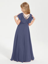 Delicate Chiffon Junior Bridesmaid Gown Flutter Sleeves V-neck Stormy