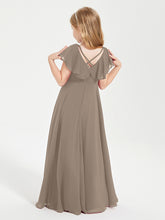Delicate Chiffon Junior Bridesmaid Gown Flutter Sleeves V-neck Taupe