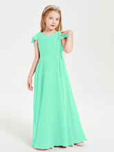 Delicate Chiffon Junior Bridesmaid Gown Flutter Sleeves V-neck Turquoise