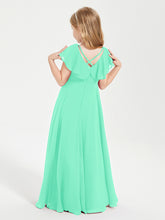 Delicate Chiffon Junior Bridesmaid Gown Flutter Sleeves V-neck Turquoise