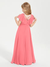 Delicate Chiffon Junior Bridesmaid Gown Flutter Sleeves V-neck Watermelon