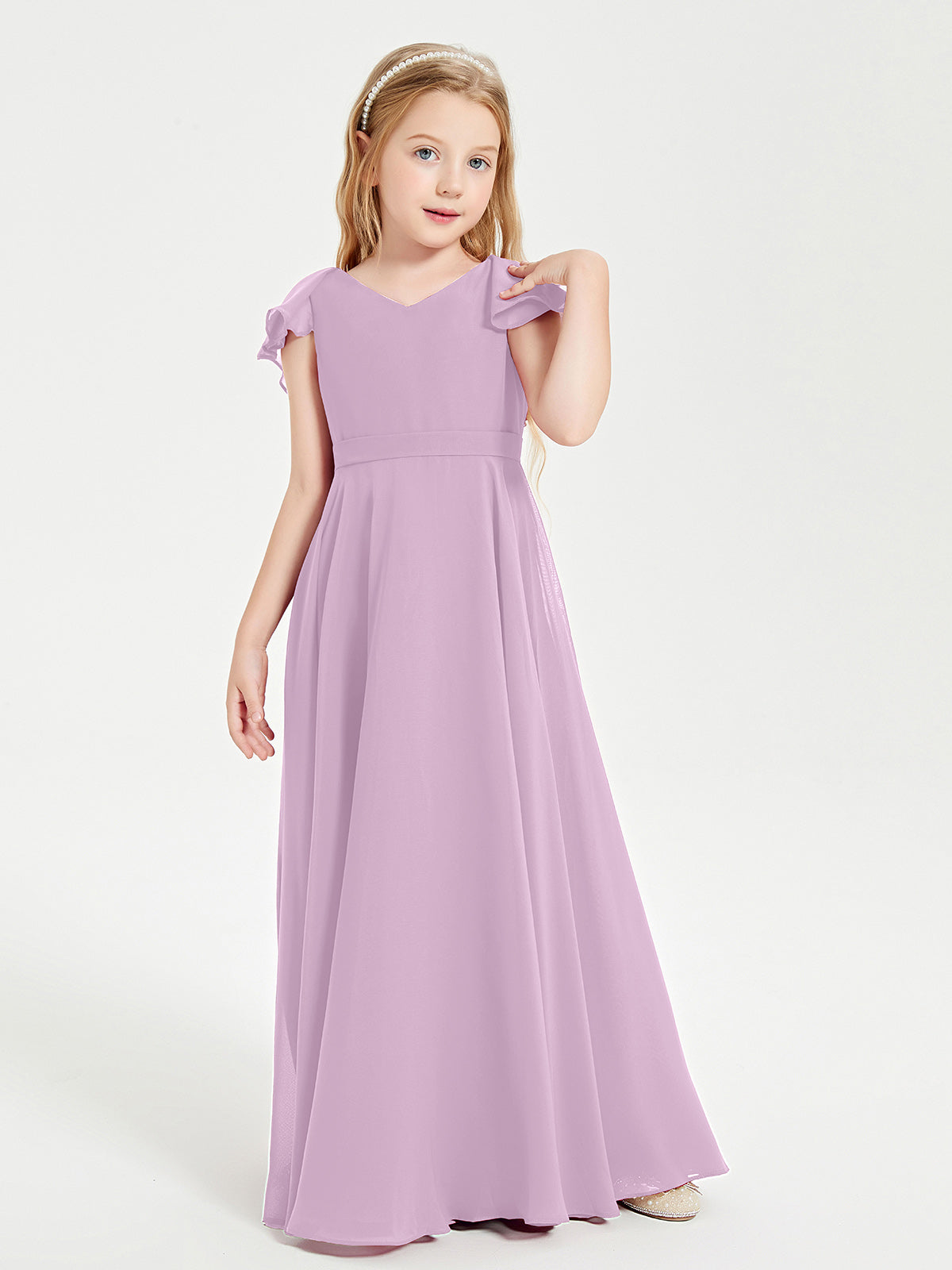 BABARONI Chiffon Wisteria Junior Bridesmaid Dresses A-line V-neck Flutter Sleeve Ruffles Floor-length, Wisteria / J4