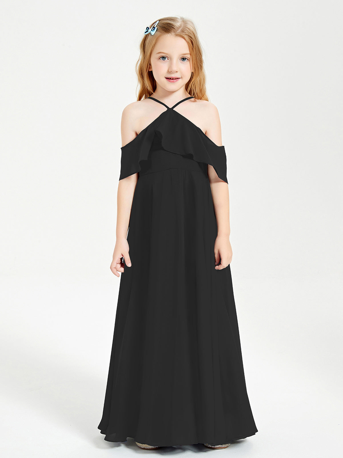 BABARONI Chiffon Black Junior Bridesmaid Dresses A-line Off-the