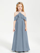 Off the Shoulder Long Junior Bridesmaid Dresses Dusty Blue