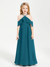 Off the Shoulder Long Junior Bridesmaid Dresses Ink Blue