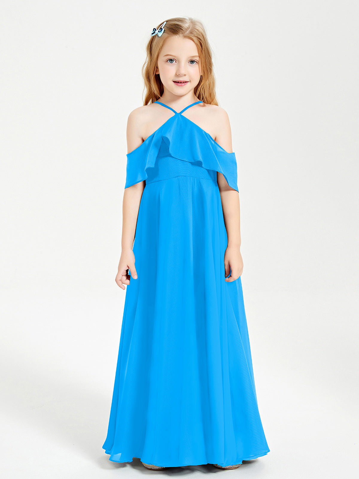 BABARONI Off the Shoulder Long Junior Bridesmaid Dresses Ocean Blue, Ocean Blue / J4