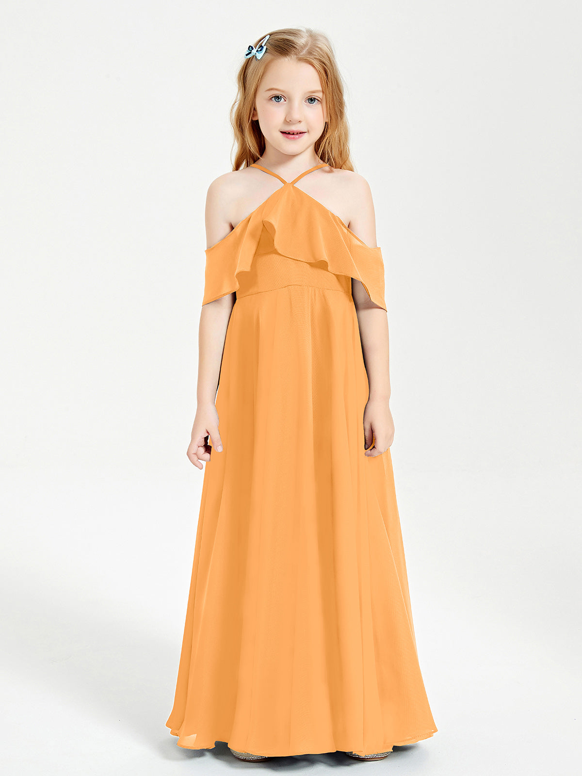 BABARONI BABARONI Chiffon Tangerine Junior Bridesmaid Dresses A-line Off-the-shoulder Flutter Sleeve Ruffles Floor-length, Tangerine / J4 BABARONI BABARONI Chiffon Tangerine Junior Bridesmaid Dresses A-line Off-the-shoulder Flutter Sleeve Ruffles Floor-length, Tangerine / J4