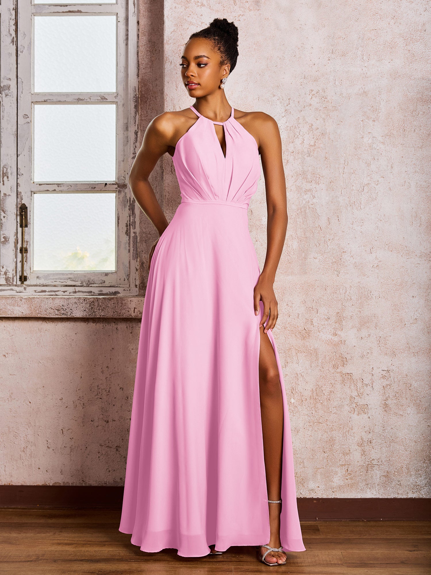 BABARONI Chiffon Candy Pink Bridesmaid Dresses Halter Floor-length