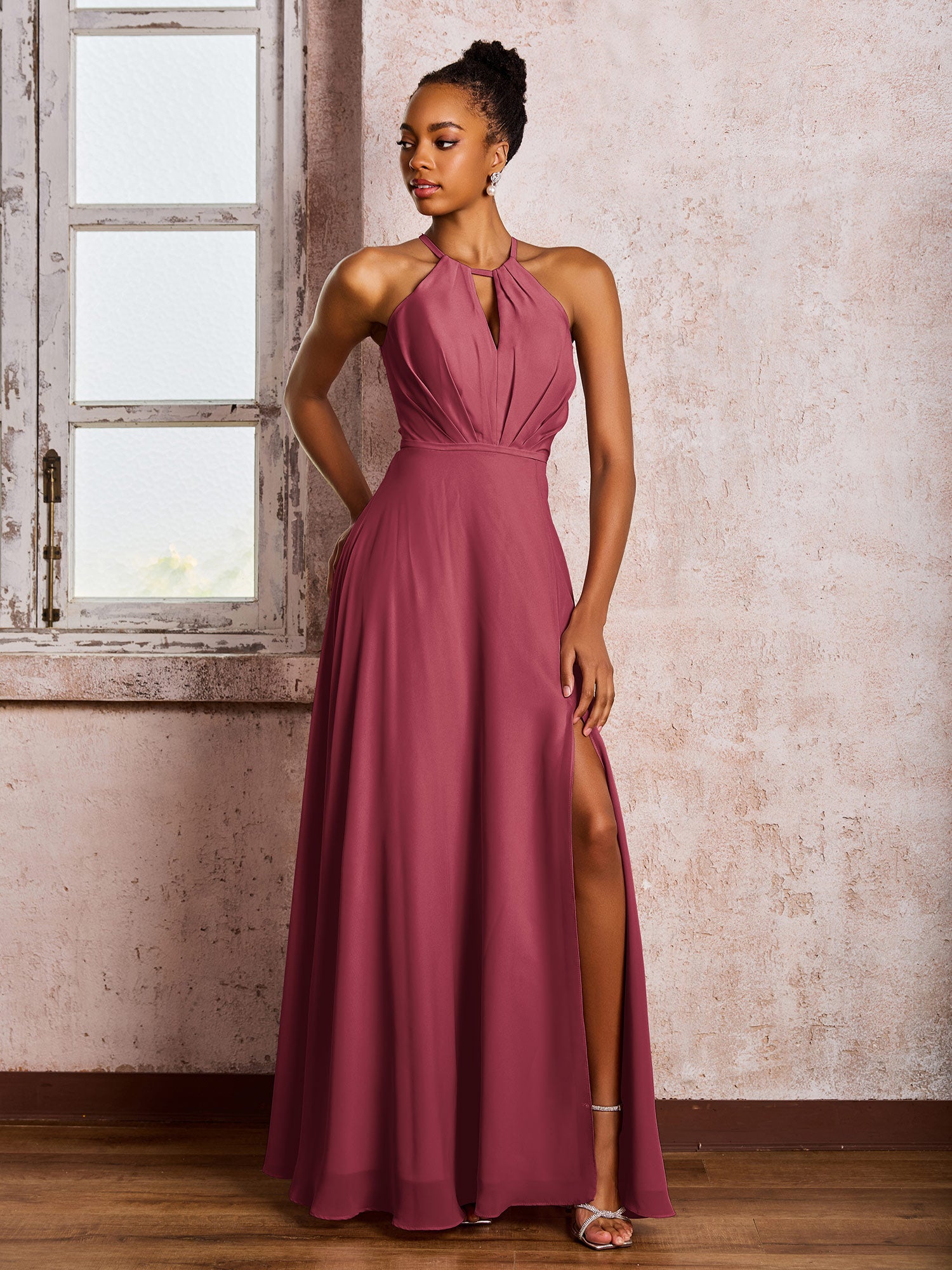 BABARONI Chiffon Cinnamon Rose Bridesmaid Dresses Halter Floor-length