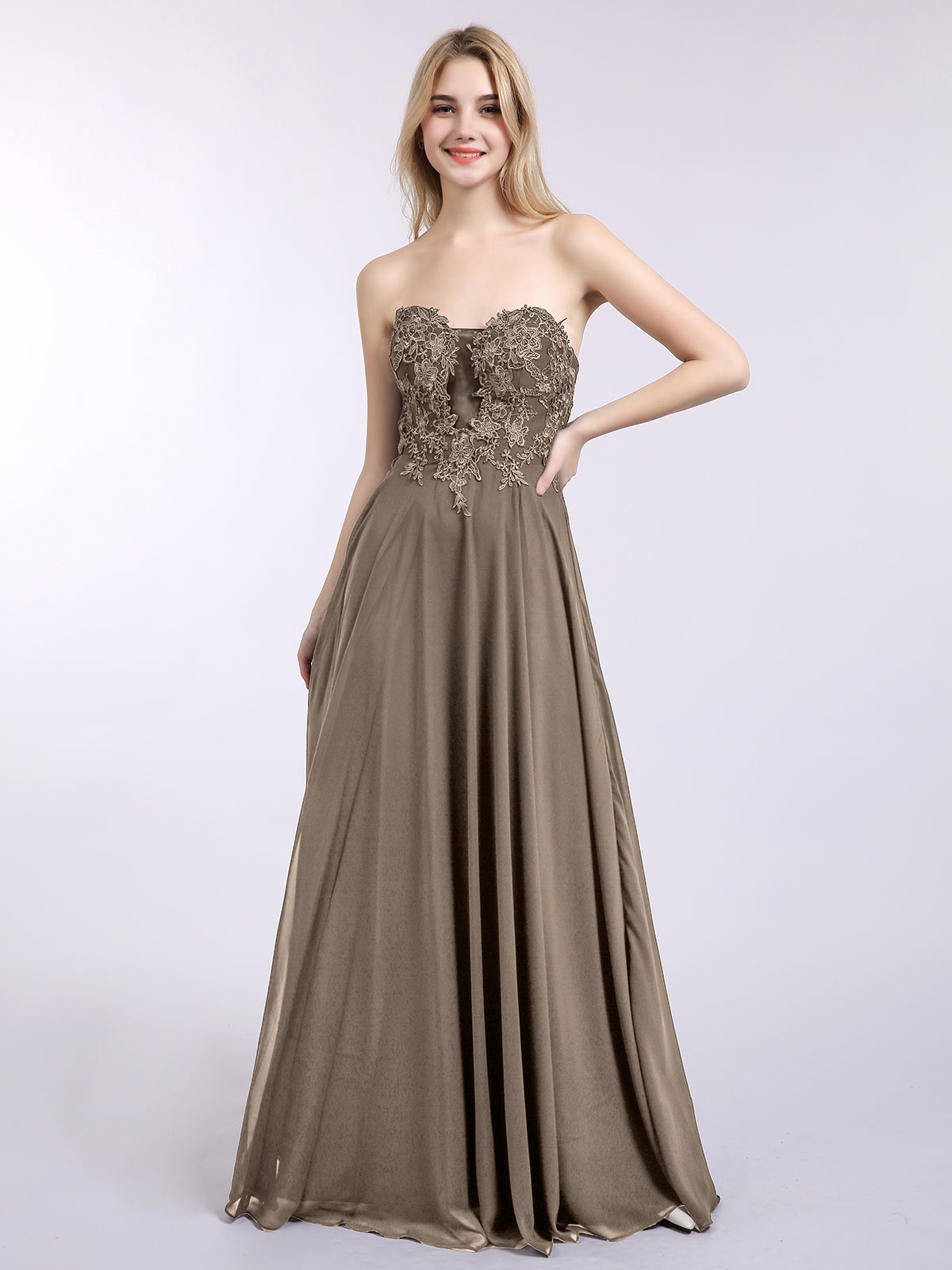BABARONI Strapless Chiffon with Appliqued Gown Taupe Plus Size, Taupe / US18 BABARONI Strapless Chiffon with Appliqued Gown Taupe Plus Size, Taupe / US18