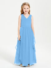 Boho Sleeveless Chiffon Junior Bridesmaid Dresses V-neck Blue