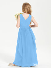 Boho Sleeveless Chiffon Junior Bridesmaid Dresses V-neck Blue